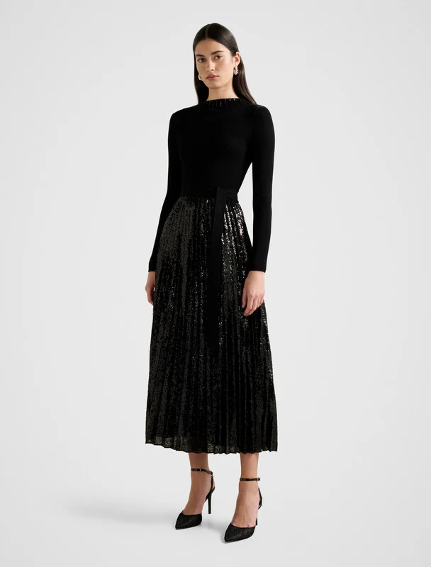 forever new  LINA Sequined Pleated Knit Midi Dress for Women | Best Price UAE